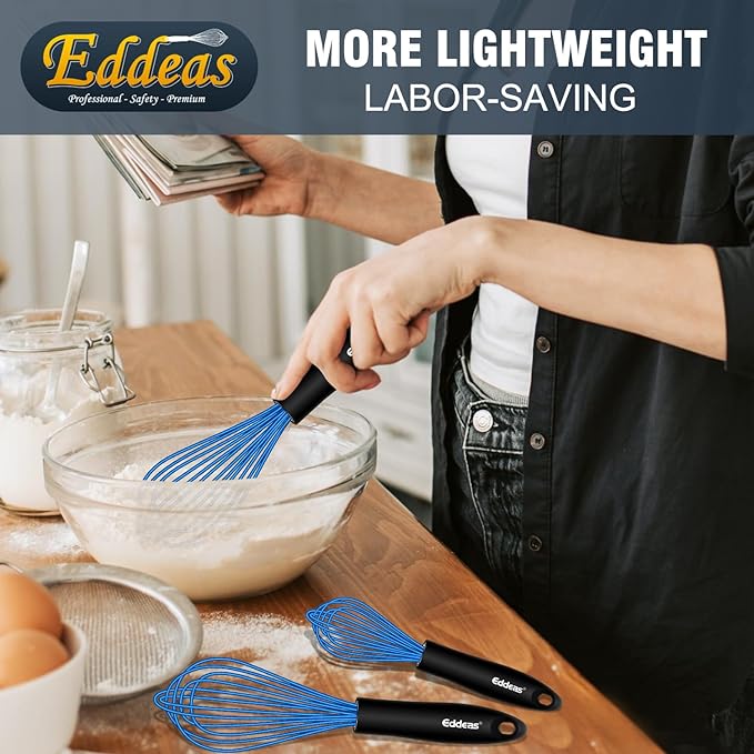 Silicone Whisk, Non Scratch Whisk for Cooking, 5+7+9+11in Balloon Whisks, Suitable for Mixing, Blending. 11in Flat Whisks great for Ceramic Coated pans and Wider shallower pots. (Blue)