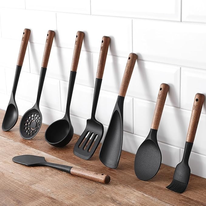 Silicone Long Head Cooking & Serving Spoon with Wooden Handles: Multi-Functional Design, Silicone Rounded Spatula for Mixing, Scoop, and Scrape, Great for Stir Frying