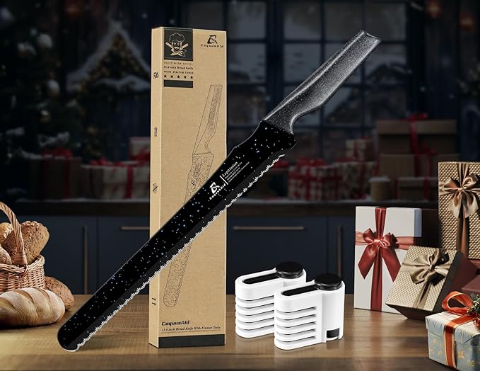2025 Upgrade Bread Knife for Homemade Bread, World‘s 1st Double Serrated Knife with 5 Thickness Adjustable Slicing Guide, Stainless Steel Bread Cutter, Razor Sharp for Sourdough, Black