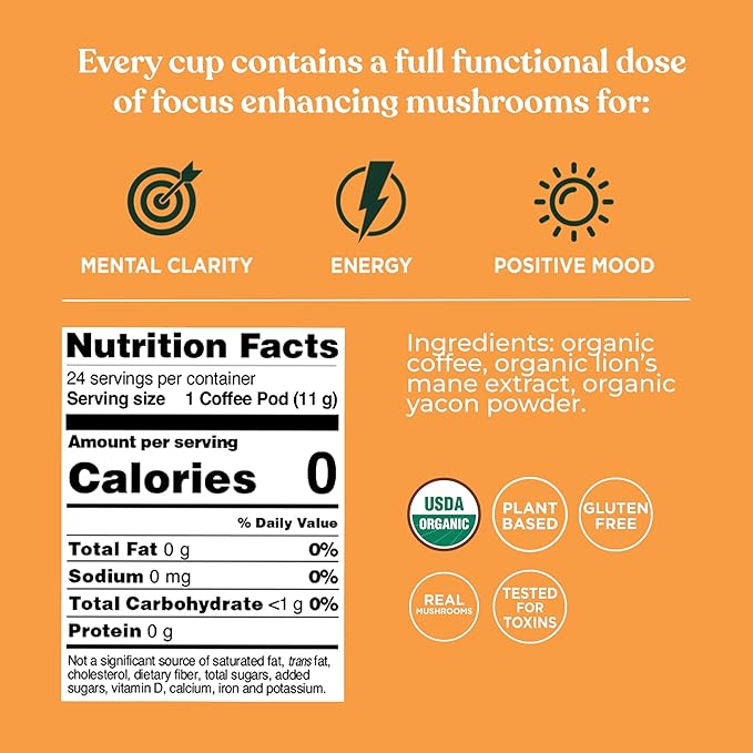 Four Sigmatic Mushroom Coffee K-Cups | Organic Dark Roast Coffee with Lion’s Mane Mushroom Powder & Yacon | Focus & Immune Support | Vegan & Keto | Sustainable Pods | 24 Count