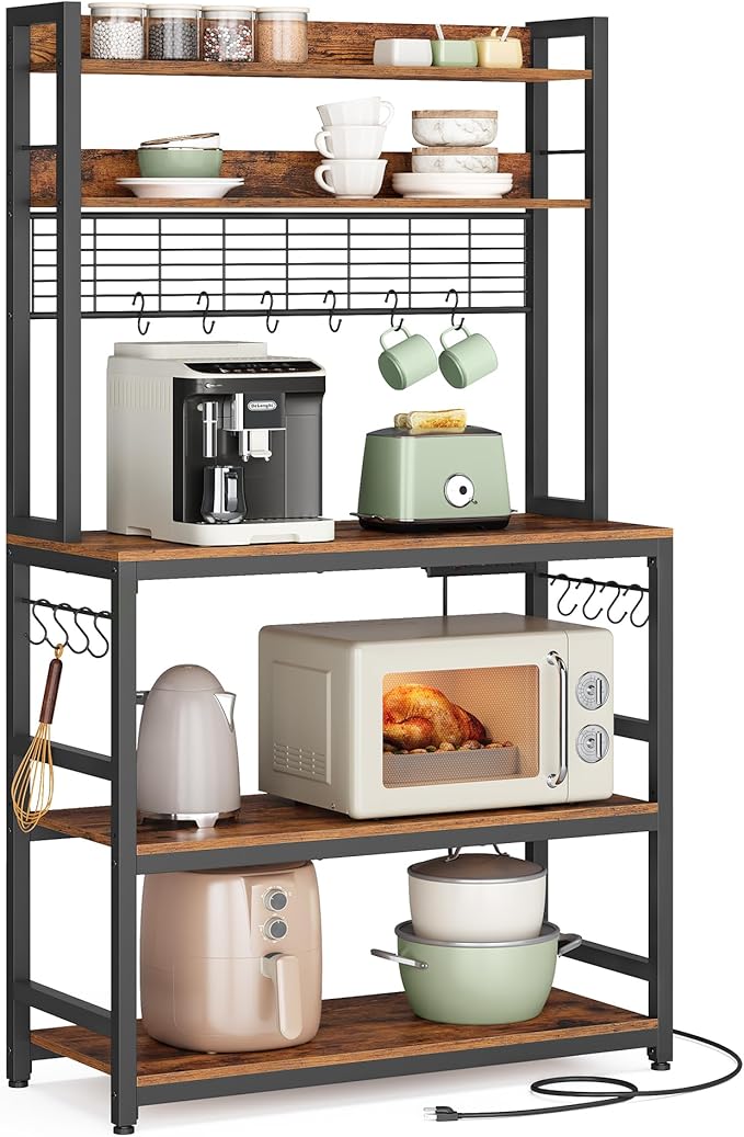 VASAGLE Hutch Bakers Rack with Power Outlet, 14 Hooks Microwave Stand, Adjustable Coffee Bar with Metal Wire Panel, Kitchen Storage Shelf, 15.7 x 31.5 x 66.9 Inches, Rustic Brown and Black UKKS025B01