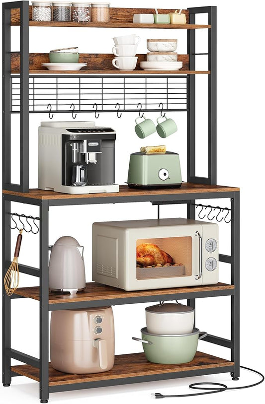 VASAGLE Hutch Bakers Rack with Power Outlet, 14 Hooks Microwave Stand, Adjustable Coffee Bar with Metal Wire Panel, Kitchen Storage Shelf, 15.7 x 31.5 x 66.9 Inches, Rustic Brown and Black UKKS025B01