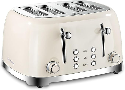 4 Slice Toaster Roter Mond Retro Stainless Steel with Bagel Defrost Cancel Function, 6 Browning Settings, Extre Wide Slot and Removable Crumb Tray, Cream, ST033