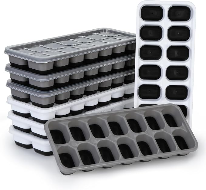 Silicone Ice Cube Tray, 8 Pack Easy-Release & Flexible 14-Ice Cube Trays with Spill-Resistant Removable Lid, Stackable Ice Trays with Covers for Freezer, Cocktail (4 Black+ 4 Grey)