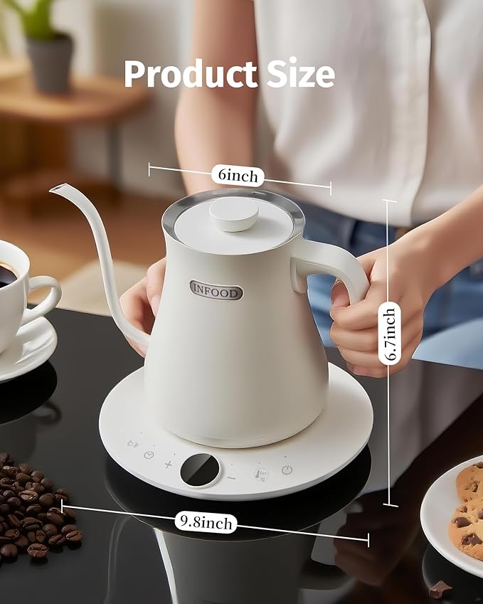 0.8L Gooseneck Electric Kettle, Precise Temperature Control for Pour Over Coffee & Tea, 1200W Fast Boiling Water, Auto Shut Off, Scheduling, Stainless Steel, White