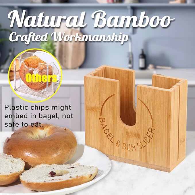 Adjustable Bagel Slicer Holder | Bamboo Bagel Cutting Holder with Width Adjustable Slots for Small & Large Bagels, Buns & English Muffins, Knife Groove for Long Bread Knife + Non-Slip Base