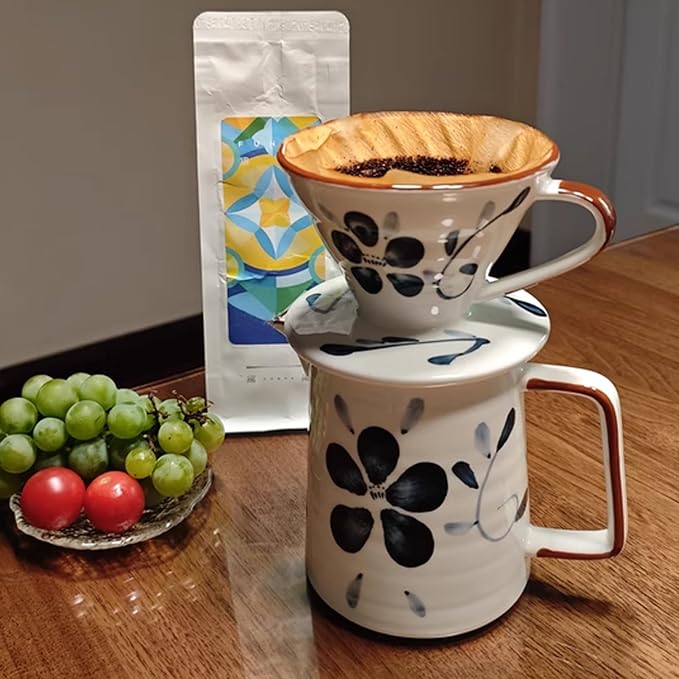 Ceramic Pour Over Coffee Maker Set, Ceramic Coffee Dripper with Single Hole, Coffee Pot & 100 Paper Filters for Home, Travel, Camping (1-2 Cup)