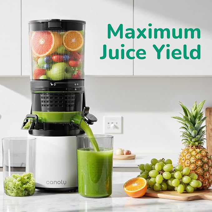 Canoly C16 Cold Press Juicer, 6" Extra Wide Feed Chute, 3-IN-1 Strainers (Juice & Sorbet & Nut Milk), Powerful AC Brushless Motor, Self Precut System, Juicer Machines with BPA-Free (Pearl White)