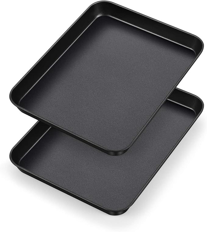 P&P CHEF 10.5 Inch Baking Cookie Sheet Pan, Carbon Steel Oven Tray, Non Stick Bakeware for Cooking Baking Bread Meat Vegetables, Sturdy & Healthy, Easy Clean, 2Pcs