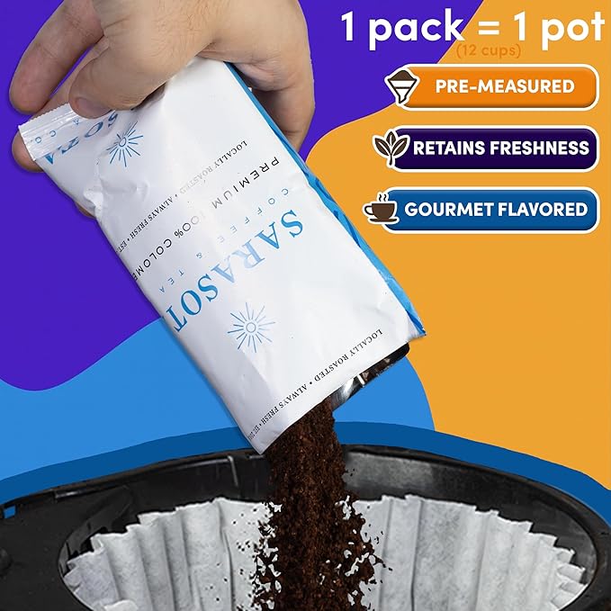 Sarasota Coffee Ground Packets | Gift Set Assorted Variety Sampler Packs | Medium, Colombian, & Dark Roast | Gourmet Low Acid Mold Free Individual Pouches for 12 Cup Coffee Maker | 2 Oz Bags, 12 Count