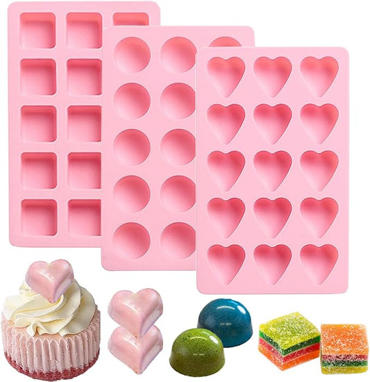 3PCS Hard Candy Molds Silicone, Gummy Chocolate Silicone Mold, Candle Soap Wax Melts Mold, 15 Cavity Heart Silicones Molds for Gummy, Hard Candy, Ice, Wax (Including Square, Round, Heart)