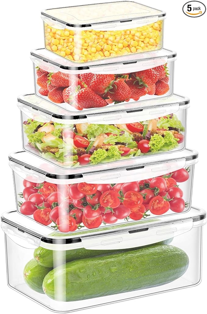 Meal Prep Containers 5pc, Food Storage Containers with Lids BPA Free Plastic, Food Storage Containers Airtight Leakproof Stackable Transparent Dishwasher & Freezer Safe(300-2800ml)
