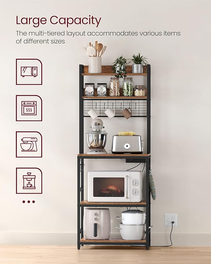 VASAGLE Hutch Bakers Rack with Power Outlet, 14 Hooks Microwave Stand, Adjustable Coffee Bar with Metal Wire Panel, Kitchen Storage Shelf, 15.7 x 23.6 x 66.9 Inches, Rustic Brown and Black UKKS037B01