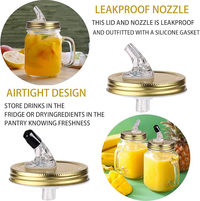 Mason jar pour spout. Free Flow Mason Jar Pour Spout, Mason Jar Regular Spout Dispenser For Any Liquid. Leakproof, Gold (2-Pack + 2 Black Lids)