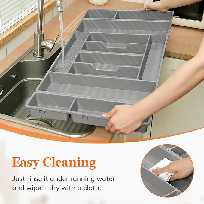 Lifewit Silverware Organizer, Plastic Kitchen Utensil Drawer Tray, Cutlery Flatware Storage Holder for Spoons Forks Knives, 32 x 16 Inches, 12 Compartment, Gray