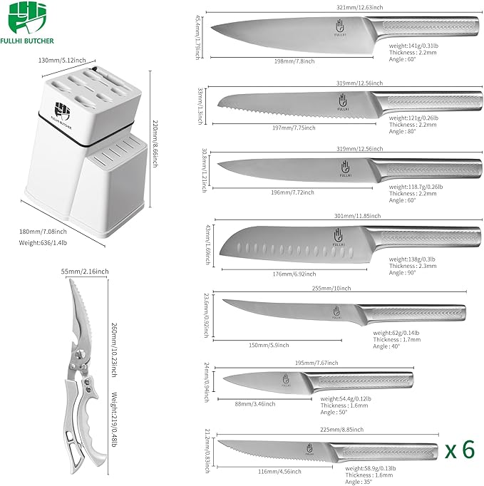 FULLHI 14pcs Knife Block Set, Dishwasher Safe Kitchen Knife Set with Built-in Sharpener, Stainless Steel Chef Knives Set with Knife Holder Kitchen Scissors