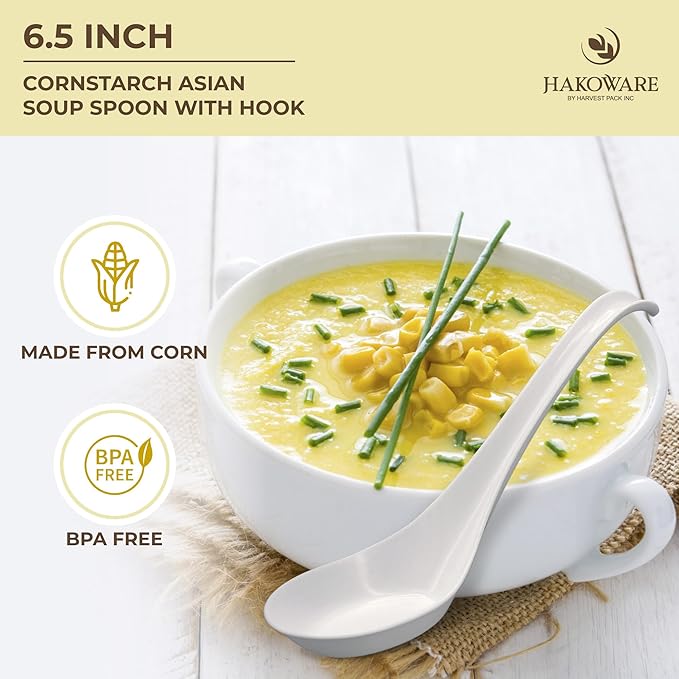 [600 COUNT] HAKOWARE Disposable Asian Soup Spoons with Hook, made from Crystalized Cornstarch, for Take-out Ramen Pho Noodles
