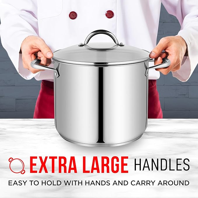 Stainless Steel Stockpot with Tempered Glass Lid 16 Quart, Durable 18/0 Stainless Steel, Impact-Bonded Base for Even Heating, Riveted Handles, Oven & All Stove Compatible, Safe Up To 500°F (260°C)