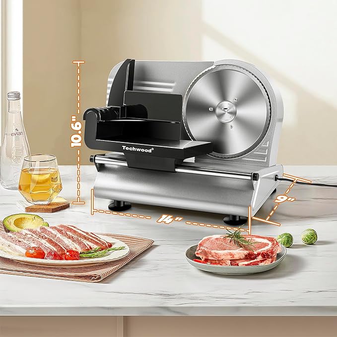Meat Slicer, Techwood 150W Electric Slicer for Home Use with 2 Removable 7.5" Stainless Steel Blade, Deli Cheese Fruit Vegetable Bread Cutter with Adjustable Thickness, Easy to Clean, Silver