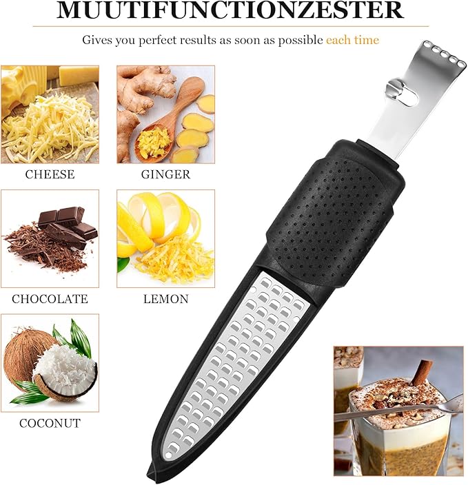 Lemon Zester Tool 4-in-1 with Channel Knife, Grater, Peeler & Stripper, Stainless Steel Citrus Zester for Kitchen, Cheese, Vegetables, Dishwasher Safe