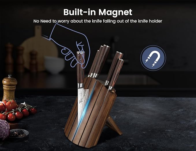 Knife Set 7 Piece Japanese Style Kitchen Knife Set With Foldable Magnetic Acacia Wood Block Sharp High Carbon Stainless Steel Knives Set for Kitchen with Anti-slip Ergonomic Handle, Ideal Gift