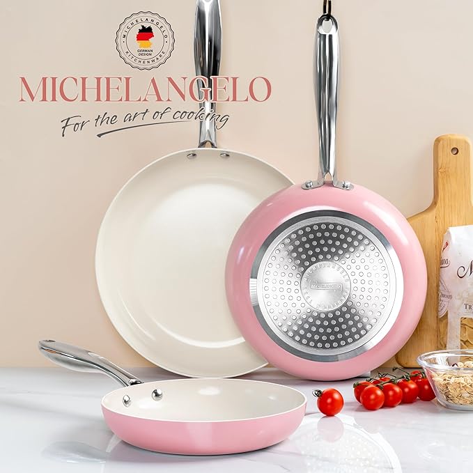 MICHELANGELO Non Stick Frying Pans Set - Ceramic Frying Pans Nonstick, 8'', 9.5'' & 11'' Nonstick Frying Pan Set, Non-Toxic, Ceramic-Coated, Pink