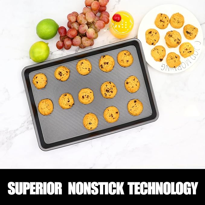 Cookie Sheets for Baking Nonstick, 2 Pack Heavy Duty 0.8mm Dark Gray Sheet Pan Set Quarter(9x13in) & Jelly Roll(10x15in), Diamond Textured Commercial Grade, Small Oven Safe