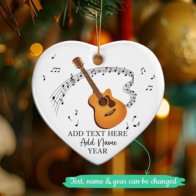 Customized Guitar Christmas Ceramic Ornaments, 2025 Christmas Ornament Gift for Guitarist Teacher, Personalized Guitar Player Xmas Ornament with Text Name & Year, Instrument Xmas Tree Decor
