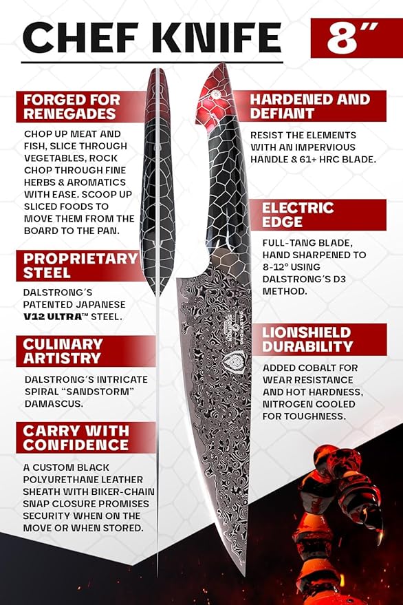 Dalstrong 8 in Chef Knife - Scorpion Series - Exclusive Japanese V12 Ultra™ Steel - Black Damascus - Black & Red Honeycomb Resin Handle - w/ 8 inch chef knife sheath