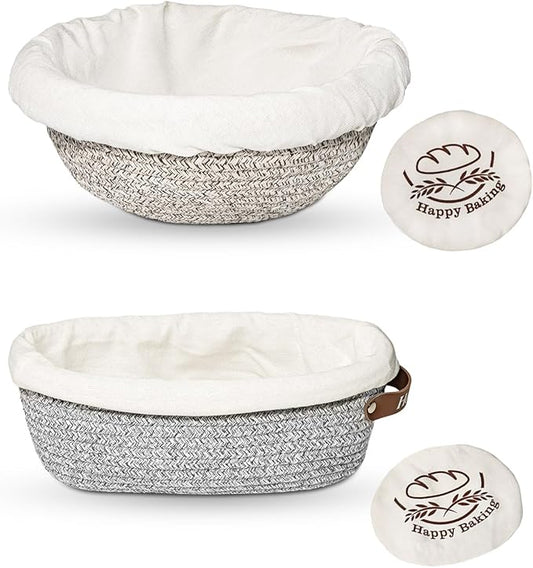 Sourdough Proofing Basket, 9" Round & 10" Oval Cotton Rope Banneton Basket Set with Washable Liners & Covers Artisan Bread Baking Supplies, Banneton Bread Proofing