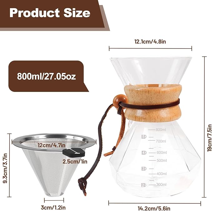Pour Over Coffee Pot Set 800ml Features 304 Stainless Steel Filter Glass Coffee Pot with High Borosilicate Glass Duckbill Spout Design Solid Wood Handle Pour Over Coffee Drippers Daily Brewing