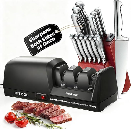 Electric Knife Sharpener, 3-Stage with 100% Diamond Abrasives, Dual-Sided Fast Sharpening, Low Noise & Auto Temperature Control, for Kitchen Straight, Serrated & Ceramic Knives