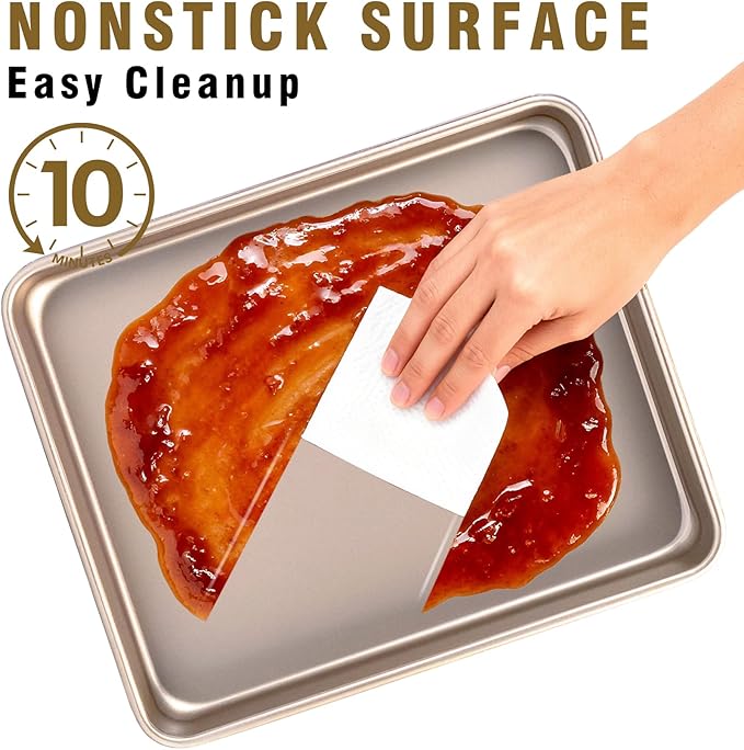 Toaster Oven Pans Set of 2, Shinsin 11-Inch Nonstick Baking Sheet Pans and Trays, 1/8 Thicker Replacement Small Baking Tray Accessories for Cookie, Non Toxic and Easy Clean and Diswasher Safe, Gold