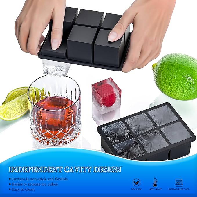 Large Ice Cube Tray for Whiskey 3 Pack, HANCELANT Big Silicone Square Ice Cube Mold with Removable Lid, 2'' Huge Square Ice Cubed Tray for Whisky and Cocktail