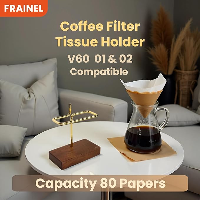 V60 01/02 Coffee Filter Holder Stand - Brass Tube & Walnut Wood Base - Pour Over Drip Accessory for Bar Counter | ASMR Coffee Station Gift for Coffee Lovers | Thanksgiving Table Decor