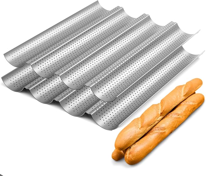 2 Pack Nonstick Perforated Baguette Pan 15" x 13" for French Bread Baking 4 Wave Loaves Loaf Bake Mold Oven Toaster Pan (Silver)