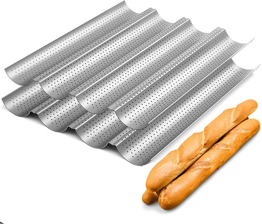 2 Pack Nonstick Perforated Baguette Pan 15" x 13" for French Bread Baking 4 Wave Loaves Loaf Bake Mold Oven Toaster Pan (Silver)