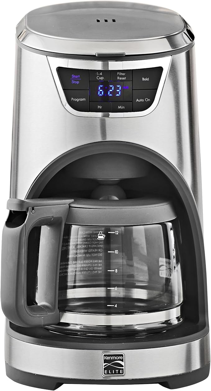 Kenmore Elite Drip Coffee Maker - 12-Cup Programmable Coffee Machine With Glass Pot, Pause and Pour, Auto Shut-Off, Large Water Reservoir, Reusable Filter, Dishwasher Safe Carafe, Percoladora de Café