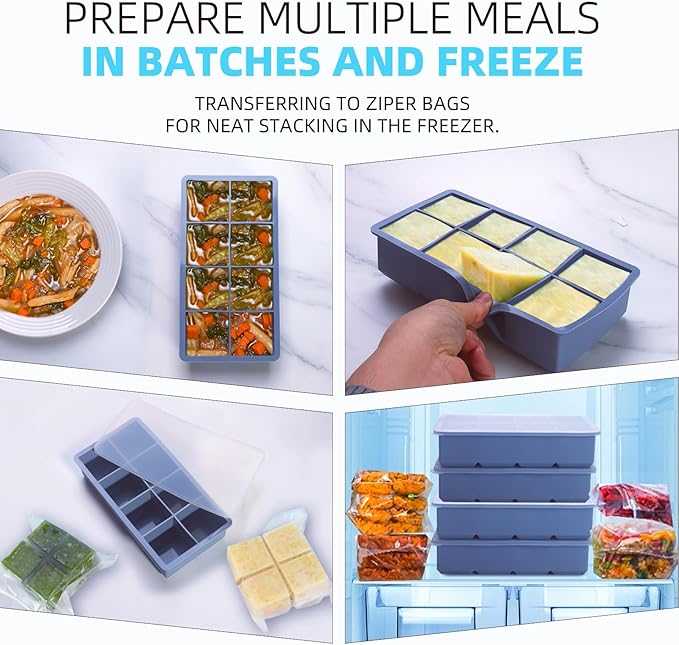 1/2 Cup Silicone Freezer Tray With Lid - Silicone Freezer Molds 2-Pack For meal prep & freezing of various sauces and other dishes, makes 16 perfect 1/2 cup portions cubes (Blue 2 Pack)