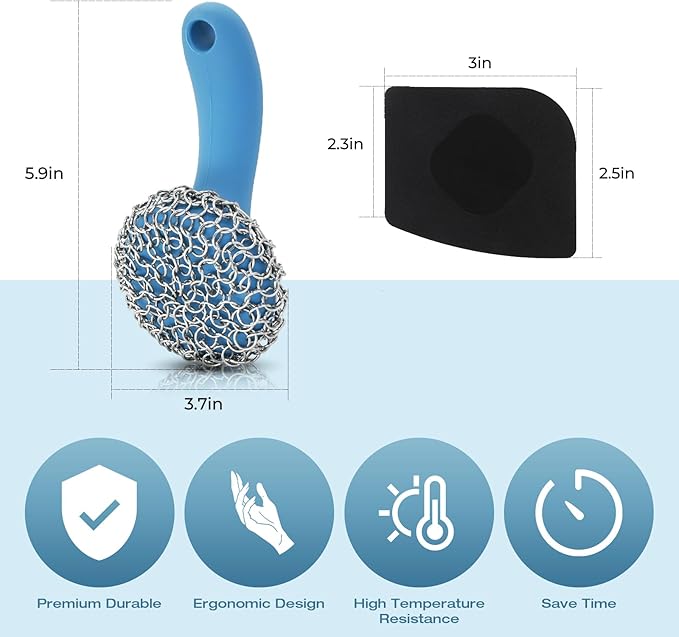 Cast Iron Scrubber with Long Handle | 316 Cast Iron Cleaner Chainmail Scrubber for Pan Skillet Cleaner - Dish Scouring Pad Dishwasher Safe Cleaning Kit (Blue, 1 Scrubber + 1 Scraper)