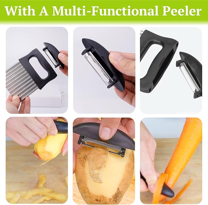 Suuker Crinkle Cutter, 2 In 1 Potato Slicer Wavy Chopper with Vegetable Peeler, Stainless Steel Wavy Slicer Crinkle Cutting Chopping Tools for Potatoes Carrot Chips and Fruits, Vegetables, Onions