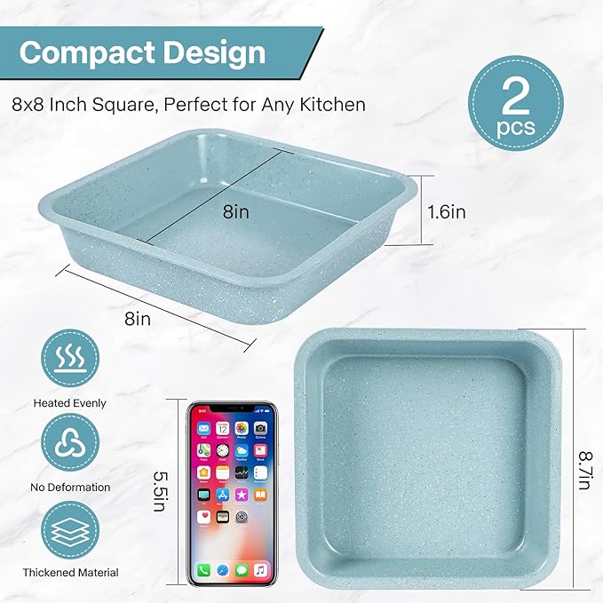 2-Pack 8 inch Square Baking Pan, Non-Stick Square Cake Pan for Cakes Lasagna Brownies, 8x8 Baking Pan, Even Heating, Easy to Clean, Light Blue