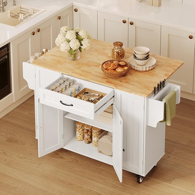 Ahomly Kitchen Island with Storage, 47.6" Rolling Kitchen Island on Wheels with Drop Leaf, Door Cabinet, Drawer, Spice Rack, Towel Rack and Knife Holder, Kitchen Cart Island Table for Kitchen, White