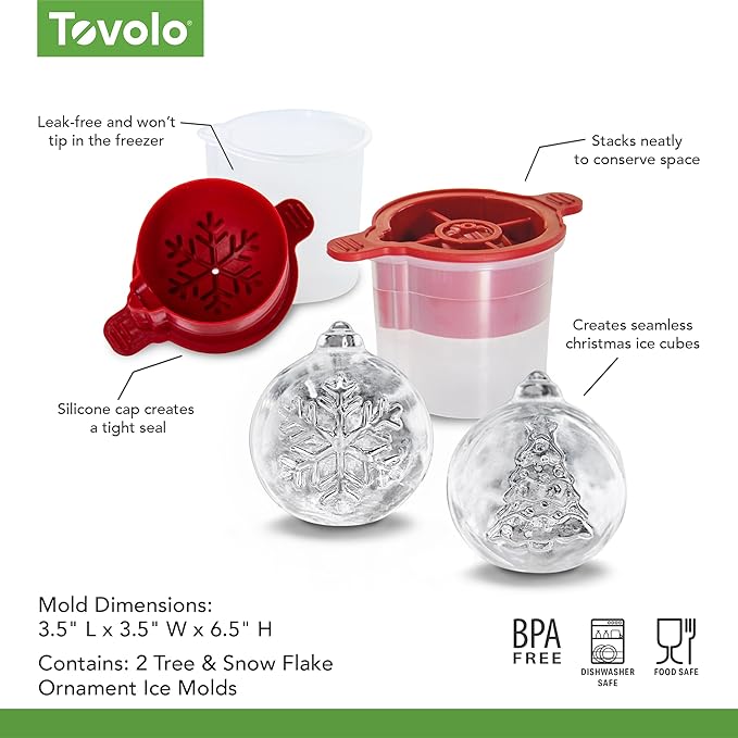Tovolo Christmas Ornament Ice Molds, Odor and BPA Free - Dishwasher Safe, Set of 2, Tree & Snowflake