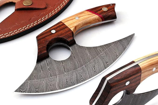 Bushcraft Custom Handmade Damascus Steel Ulu Knife - Alaskan Ulu Knife With Sheath - Multi-Purpose Alloy Steel Knife For Skinning, Hunting, Chopping, (Rose Wood & Olive)