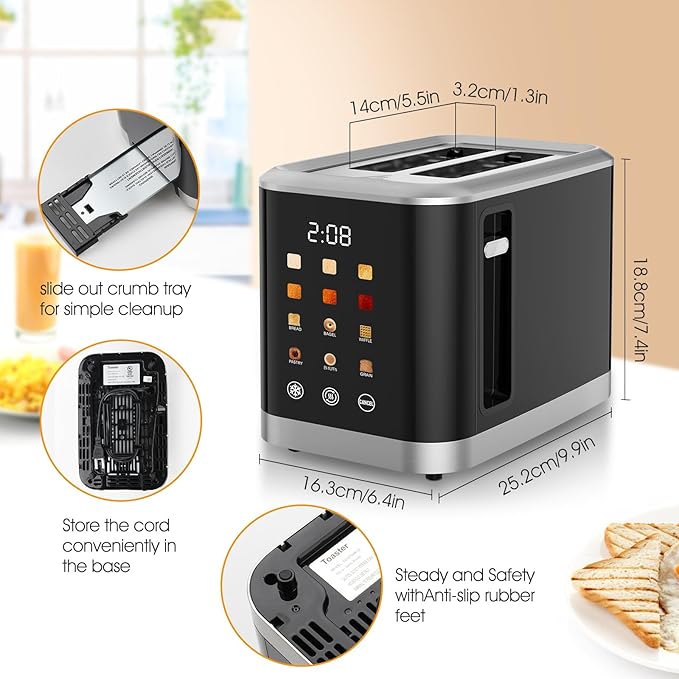 Touch screen Toaster 2 Slice Digital Timer Toasters with 6 Bread Types & 6 Shade Settings, Smart Extra Wide Slots Toaster with Bagel Defrost Reheat Cancel Function