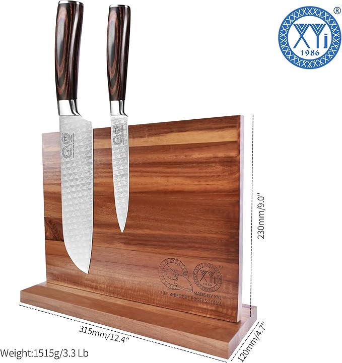 XYJ Authentic Since 1986, Magnetic Knife Block, Double Side Kitchen Knife Stand, Acacia Wood, Magnetic Knife Holder with Strong Enhanced Magnets,Knives Storage Rack Stand for Home Kitchen