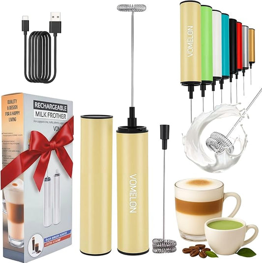 Rechargeable Milk Frother, Electric Coffee Foamer, Handheld Drink Mixer for Latte, Cappuccino, Coffee, Eggs, Hot Chocolate, Protein,Beige