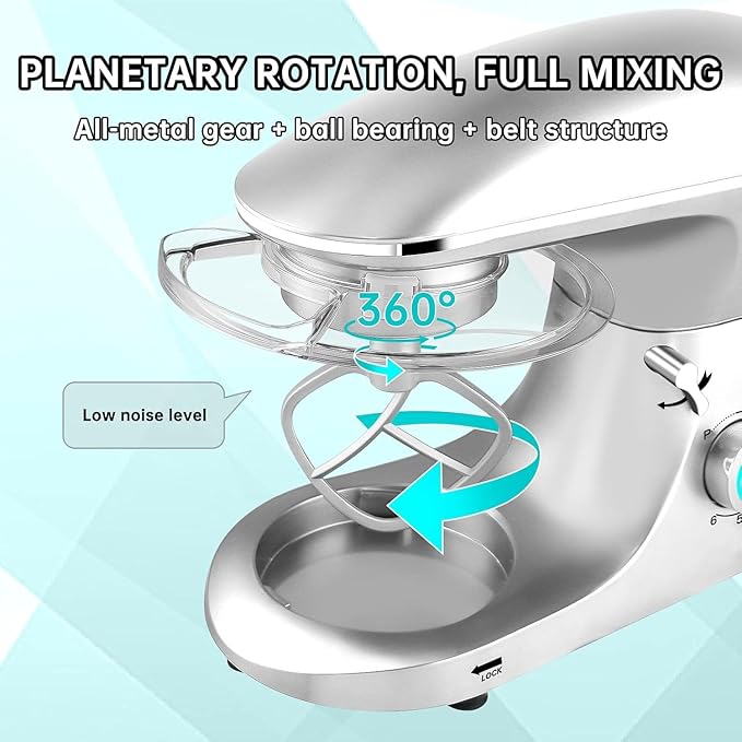 Seedeem 6.5QT Stand Mixer, 660W Tilt-Head Kitchen Electric Mixer with 6 Speeds, Dough Hook, Beater & Whisk, Dishwasher Safe Attachments, Silver