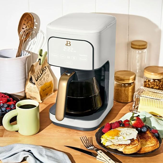 Beautiful 12-Cup Programmable Coffee Maker by Drew Barrymore, Touch-Activated Display, Auto Brew 24hr Timer, Regular/Gourmet/Bold Strength Options, Keep Warm & Auto Clean – Matte Finish (White Icing)